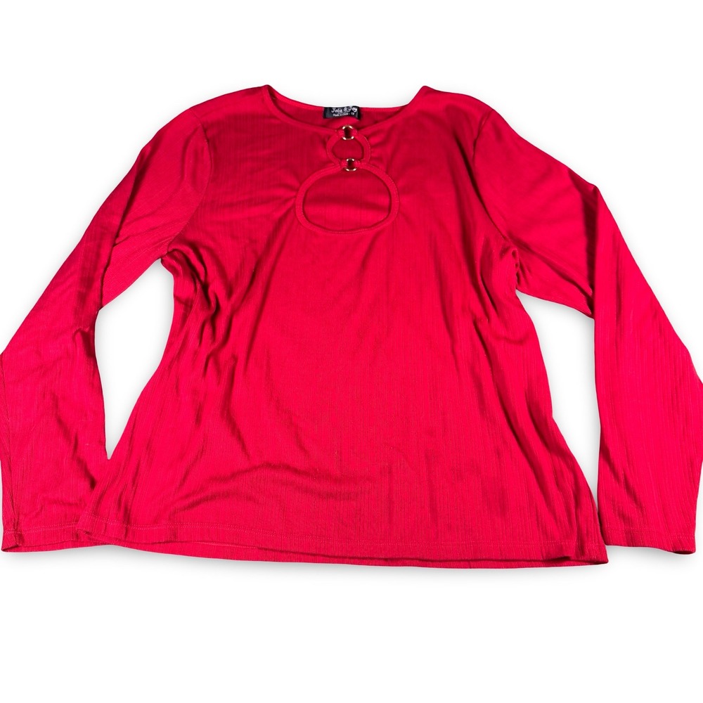 Red Y2K 1X Plus Size Women Long Sleeve Keyhole O Ring Cut Out Shirt Jolie Joy